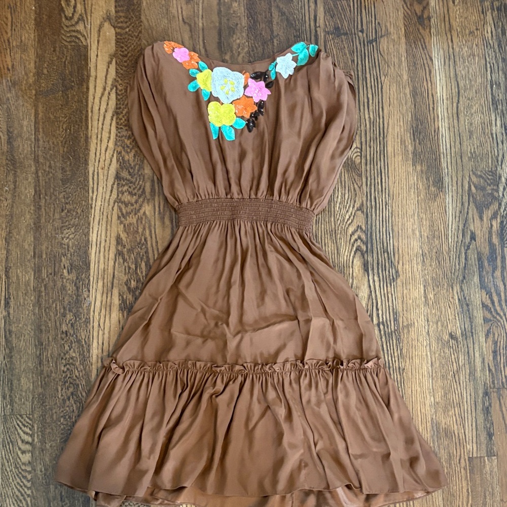 Milly Brown Floral Appliqué Waist Smocked Dress- 100% Silk